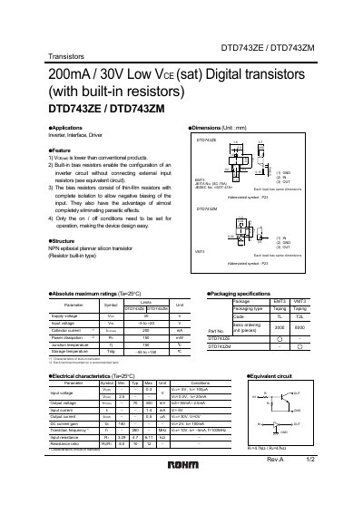 ROHM DTD743ZE / DTD743ZM Low VCE(sat) Digital Transistor Datasheet - cover page