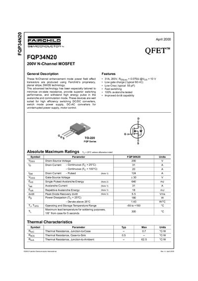 Fairchild FQP34N20 200V N-Channel MOSFET Datasheet - cover page