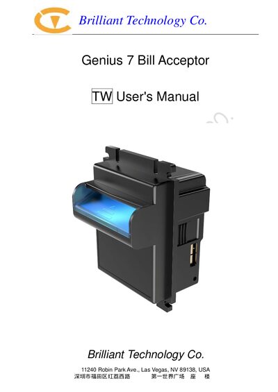 Brilliant Technology Genius 7 Bill Acceptor User Manual