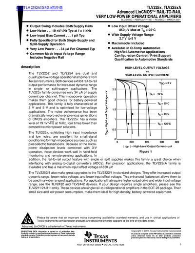 Texas Instruments TLV225x/TLV225xA Operational Amplifiers Data Sheet - cover page