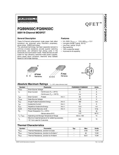 Fairchild FQB9N50C/FQI9N50C 500V N-Channel MOSFET Datasheet - cover page