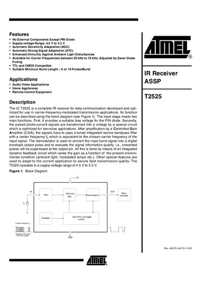 Atmel T2525 IR Receiver ASSP Datasheet