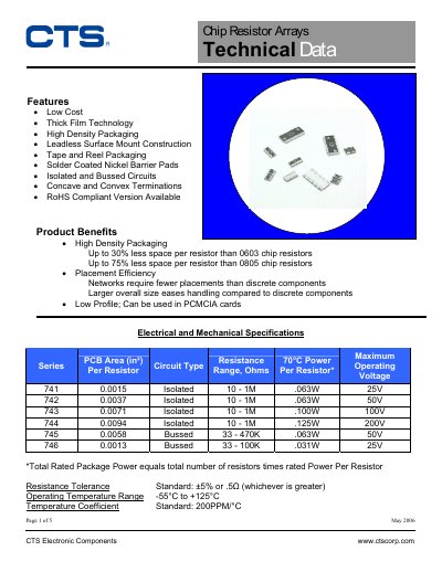 CTS 741/742/743/744/745 Series Chip Resistor Arrays Technical Data - cover page