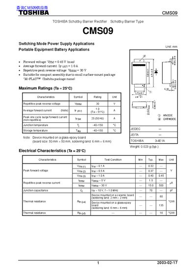 Toshiba CMS09 Schottky Barrier Rectifier Datasheet - cover page