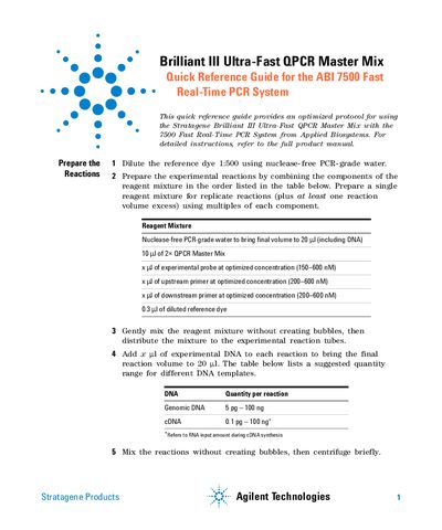 Agilent Technologies Brilliant III Ultra-Fast QPCR Master Mix Quick Reference Guide for ABI 7500 Fast Real-Time PCR Syst - cover page