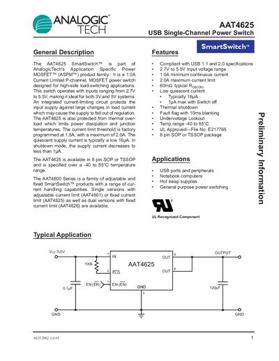 Analogic AAT4625 USB Single-Channel Power Switch Datasheet - cover page