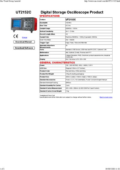 UNI-T UT2152C Digital Storage Oscilloscope Data Sheet - cover page