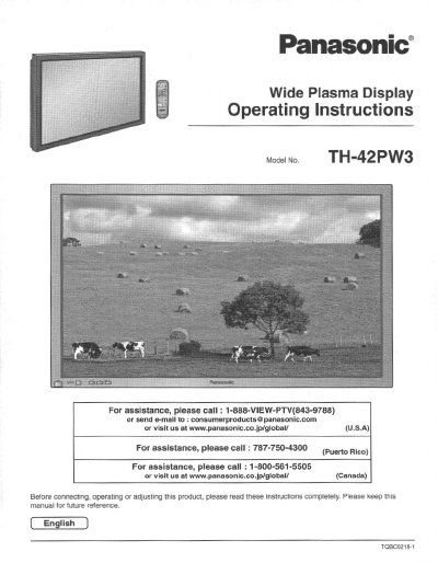 Panasonic TH-42PW3U Wide Plasma Display Operating Instructions - cover page