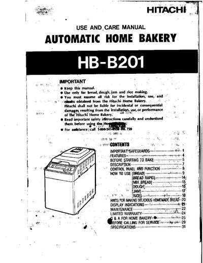 Hitachi HB-B201 Automatic Home Bakery Use and Care Manual - cover page