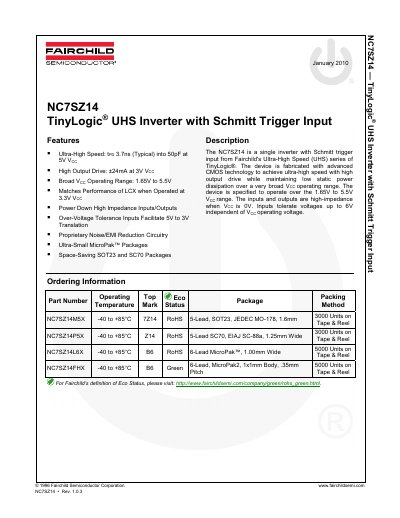 Fairchild Semiconductor NC7SZ14 TinyLogic UHS Inverter Datasheet - cover page