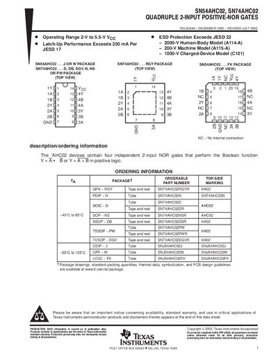 Texas Instruments SN54AHC02 / SN74AHC02 Quadruple 2-Input Positive-NOR Gate Datasheet - cover page
