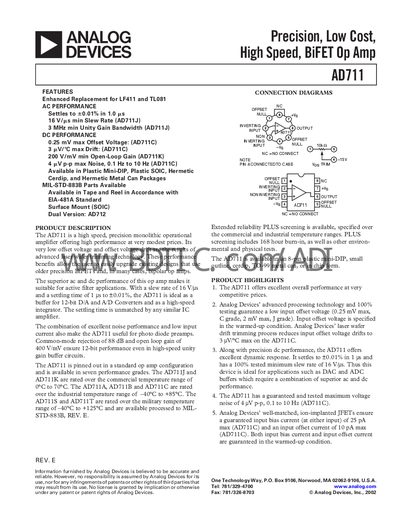 Analog Devices AD711 Operational Amplifier Datasheet - cover page