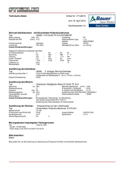 Bauer BG80-11/D13LA4-TF-G-K/E075B9/SP Gear Motor Technical Data Sheet - cover page