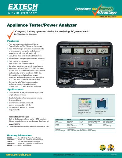 EXTECH 380801/380803 Appliance Tester/Power Analyzer Datasheet - cover page