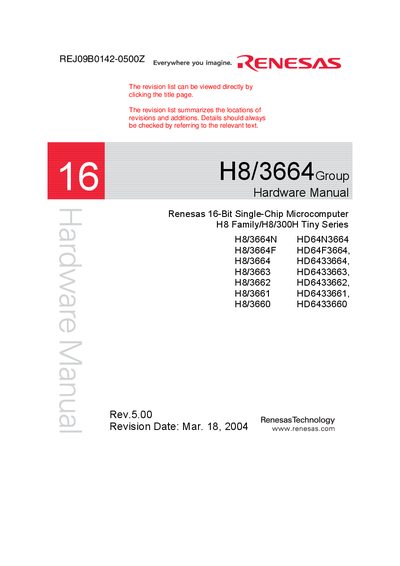 RENESAS Renesas 16-Bit Single-Chip Microcomputer H8 Family/H8/300H Tiny Series H8/3664N HD64N3664 H8/3664F HD64F3664 H8/3664 HD6433664 H8/3663 HD6433663 H8/3662 HD6433662 H8/3661 HD643 - cover page