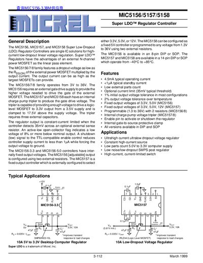 Micrel MIC5156/5157/5158 Super LDO Regulator Controller Datasheet - cover page