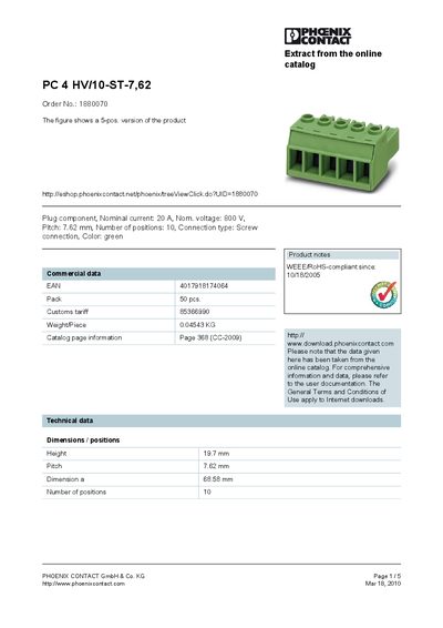 Phoenix Contact PC 4 HV/10-ST-7,62 Product Data Sheet - cover page
