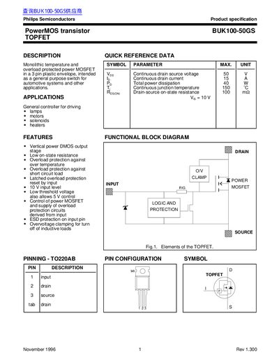 Philips BUK100-50GS PowerMOS Transistor Datasheet - cover page