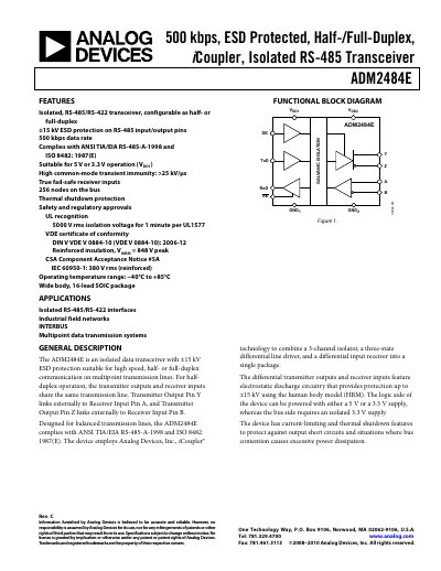 Analog Devices ADM2484E Isolated RS-485 Transceiver Datasheet