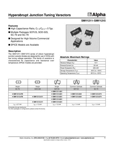 Alpha Industries SMV1211-SMV1215 Hyperabrupt Junction Tuning Varactors Datasheet - cover page