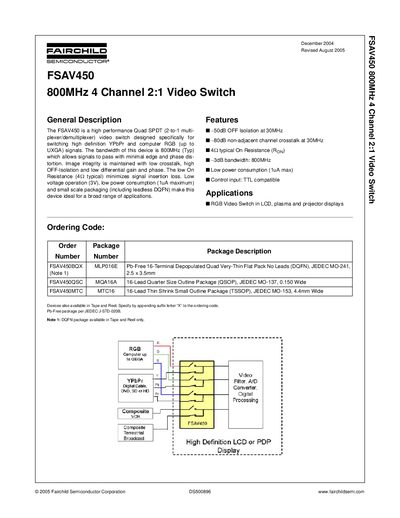 Fairchild FSAV450 800MHz 4-Channel 2:1 Video Switch Datasheet - cover page