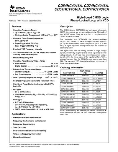 TEXAS INSTRUMENTS CD54HC4046A CD74HC4046A CD54HCT4046A CD74HCT4046A High-Speed CMOS Logic Phase-Locked Loop with VCO - cover page