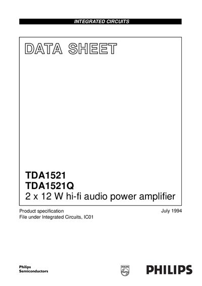 Philips TDA1521/TDA1521Q 2 x 12 W Hi-Fi Audio Power Amplifier Datasheet - cover page