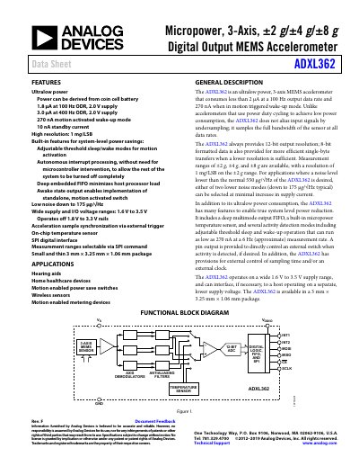 Analog Devices ADXL362 Micropower 3-Axis Digital Output MEMS Accelerometer Data Sheet