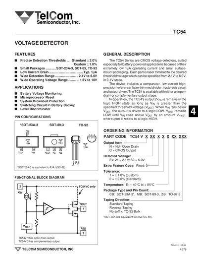 TelCom TC54 Voltage Detector Datasheet - cover page
