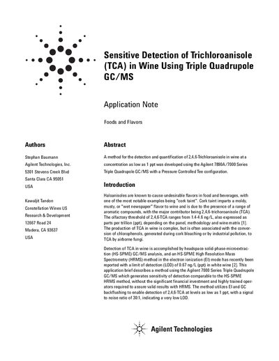 Agilent 7890A/7000 Series Triple Quadrupole GC/MS TCA Detection Application Note - cover page