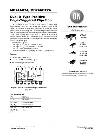 ON Semiconductor MC74AC74 / MC74ACT74 Dual D‑Type Positive Edge‑Triggered Flip‑Flop Datasheet - cover page