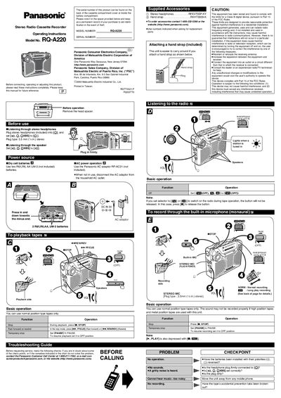 Panasonic RQA220 Stereo Radio Cassette Recorder Operating Instructions - cover page