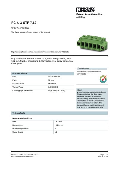 Phoenix Contact PC 4/3-STF-7,62 Plug Component Datasheet - cover page