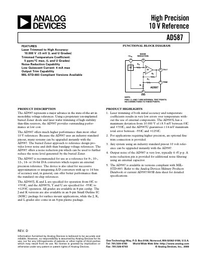 Analog Devices AD587 High Precision 10 V Reference Datasheet - cover page