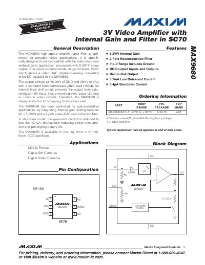 Maxim Integrated MAX9680 Video Amplifier Datasheet - cover page