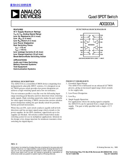 Analog Devices ADG333A Quad SPDT Switch Datasheet
