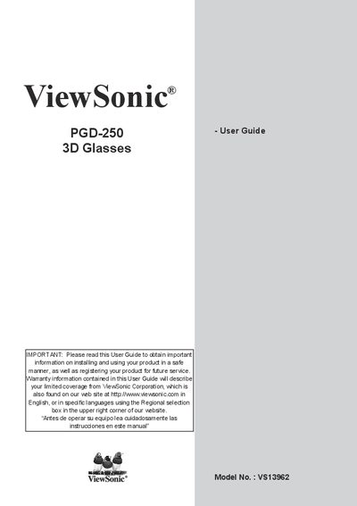 ViewSonic PGD-250 3D Glasses User Guide - cover page