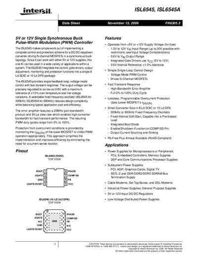 Intersil ISL6545/ISL6545A Buck Controller Datasheet - cover page