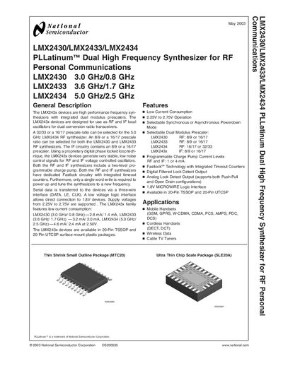 National Semiconductor LMX2430/LMX2433/LMX2434 Dual High Frequency Synthesizer Datasheet - cover page