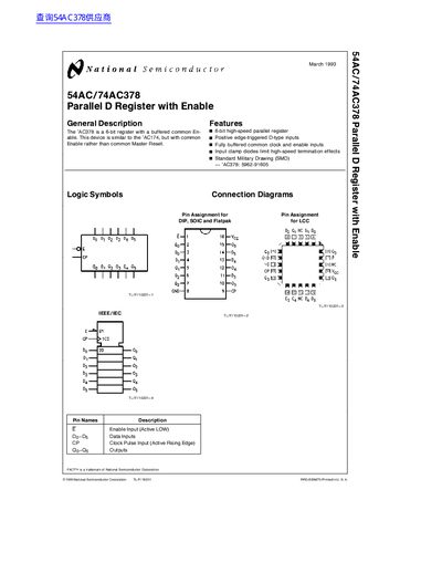 National Semiconductor 54AC/74AC378 Parallel D Register with Enable Datasheet - cover page