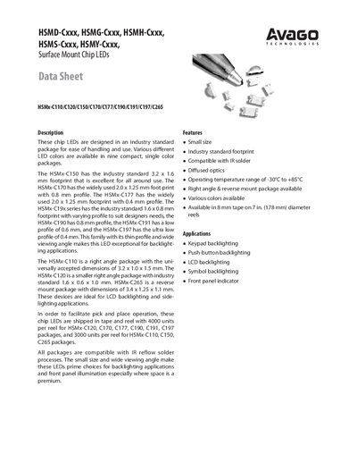 AVAGO TECHNOLOGIES HSMD-Cxxx HSMG-Cxxx HSMH-Cxxx HSMS-Cxxx HSMY-Cxxx Surface Mount Chip LEDs Data Sheet HSMx-C110/C120/C150/C170/C177/C190/C191/C197/C265 handbook - cover page