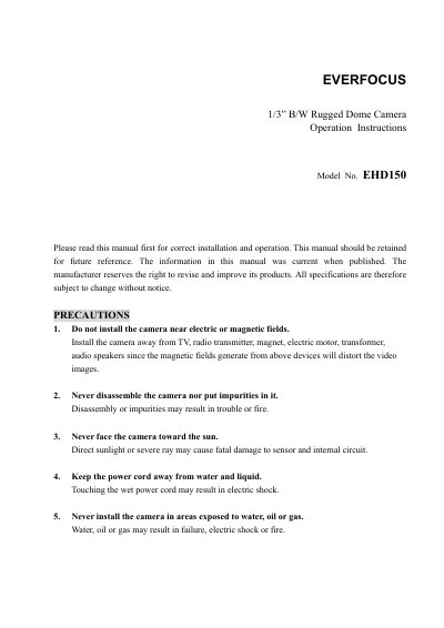 EverFocus EHD150 1/3" B/W Rugged Dome Camera Operation Instructions - cover page