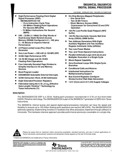 Texas Instruments SM320VC33/SMJ320VC33 Digital Signal Processor Datasheet - cover page