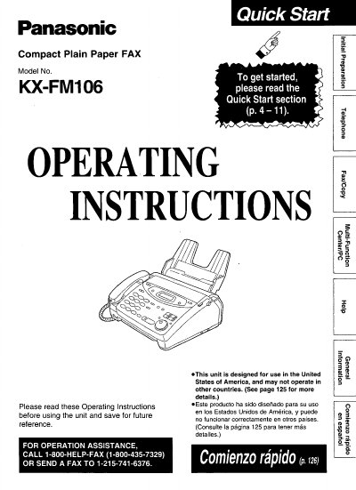 Panasonic KX-FM106 Compact Plain Paper FAX Operating Instructions - cover page
