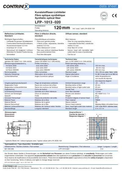Contrinex LFP-1013-020 Synthetic Optical Fiber Data Sheet - cover page
