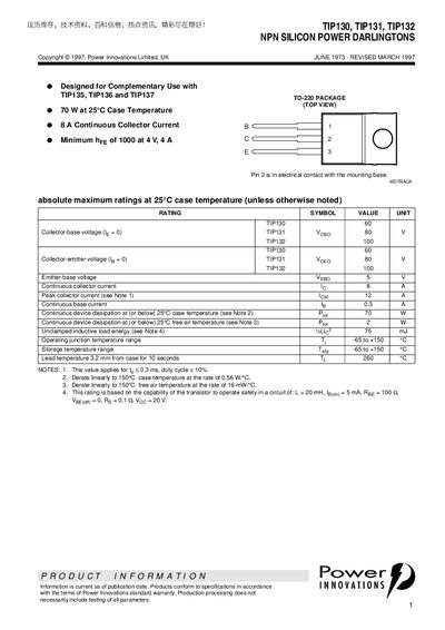 Power Innovations TIP130 TIP131 TIP132 Datasheet - cover page