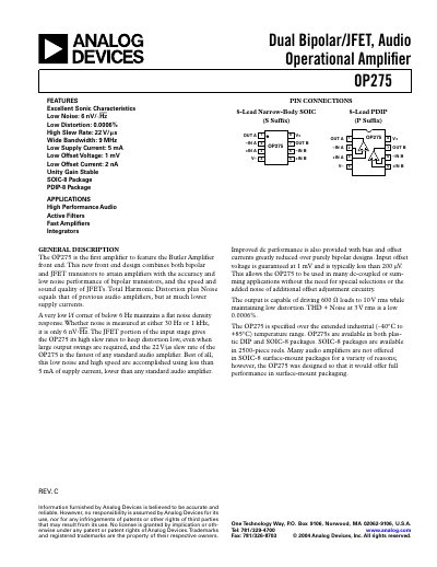 Analog Devices OP275 Audio Operational Amplifier Datasheet - cover page