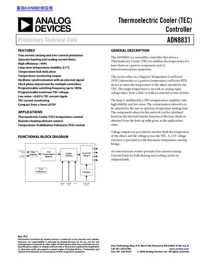 Analog Devices ADN8831 Thermoelectric Cooler Controller Datasheet - cover page