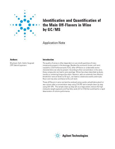 Agilent Application Note: Identification Quantification of Main Off-Flavors in Wine by GC/MS - cover page