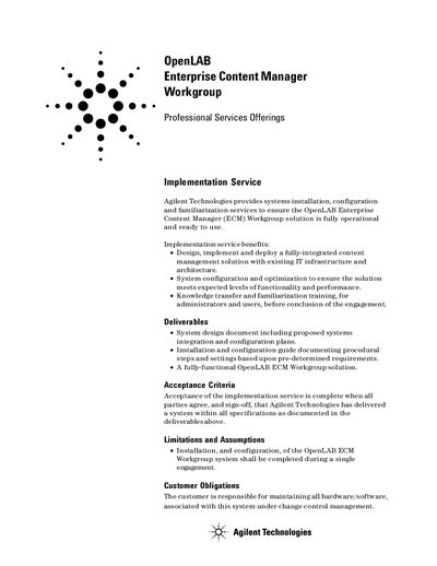 Agilent OpenLAB ECM Workgroup Professional Services Offerings Manual - cover page